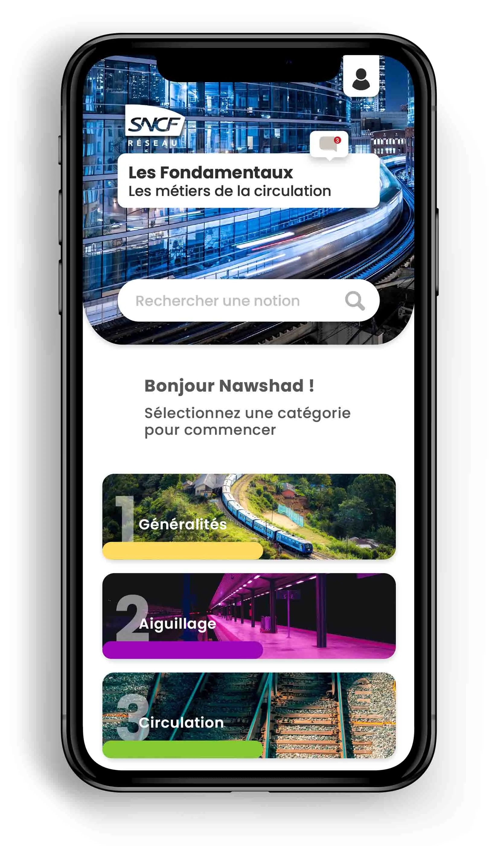 Écran d'accueil avec notification de nouveau contenu